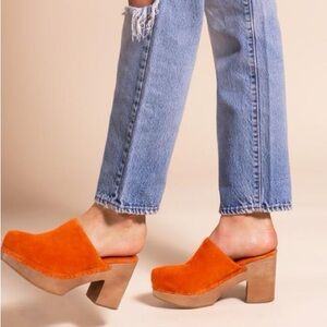 Charlotte Stone heeled wooden suede Marlo clogs, light wear, comes with box